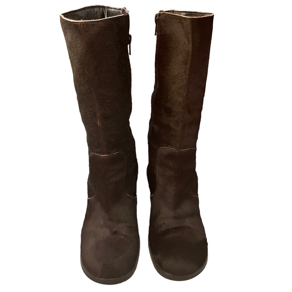 Italian Calf Hair Mid-Shin Boots with Leather Covered Wedge Heel